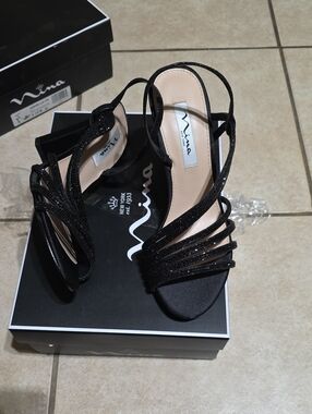 Nina Black Glitter Strappy Heeled Sandals
